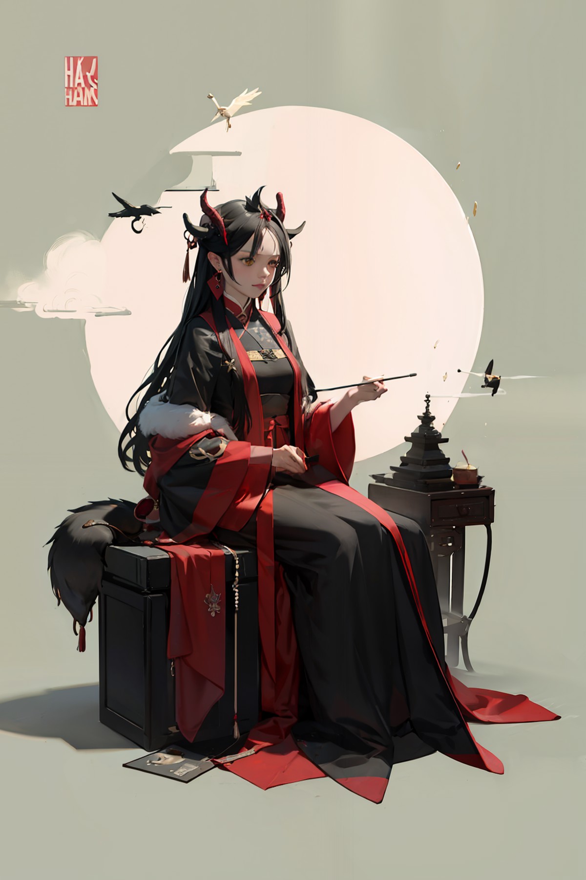 masterpiece, best quality, <lora:hanfu:1>,hanfukozue, 1girl, solo, long hair, horns, black hair, umbrella, dusk (arknights...